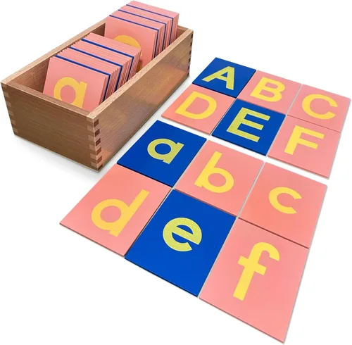 Letras de papel de lija Montessori | minúsculas y mayúsculas | Azulejos de madera PP | Consonante vocal codificado por colores | Incluye caja de