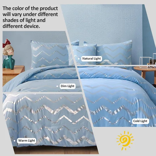 Miniatura 2 de Menghomeus Juego de edredón King con estampado metálico azul/plateado con purpurina, ropa de cama bonita y brillante para adolescentes, niñas, niños