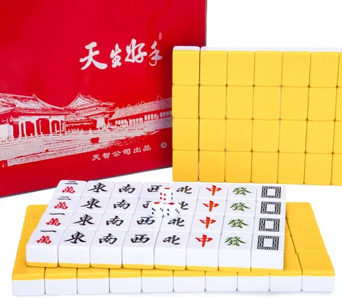 drizzle Juego de Mahjong Chino Set - 146 Azulejos de Tamaño Medio de 1.3 Pulgadas con Instrucciones - Juego Profesional de Mah Jong Amarillo [專業中式麻將]