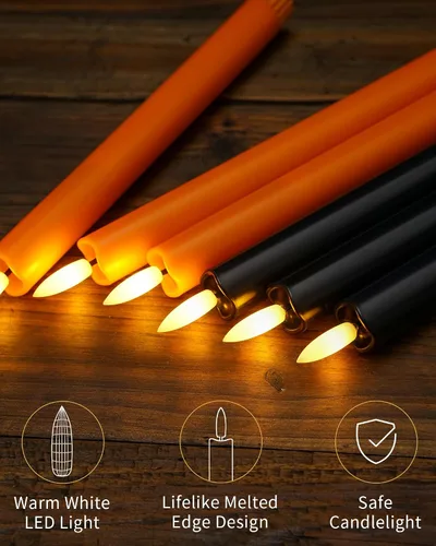 Miniatura 4 de Stmarry Velas cónicas sin llama naranja y negro con control remoto, velas LED de 10 pulgadas parpadeantes, llama 3D realista con mecha, luz blanca