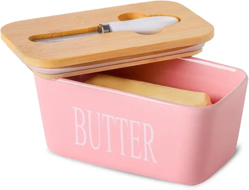 Miniatura 15 de Hasense Mantequillera de porcelana con tapa de bambú – Mantequera cubierta con cuchillo de mantequilla para encimera, recipiente hermético