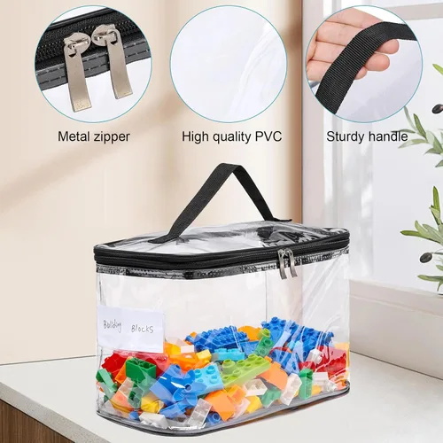 Miniatura 7 de Paquete de 4 bolsas de almacenamiento grandes transparentes para juguetes con etiqueta de nombre, funda organizadora de juguetes de PVC impermeable
