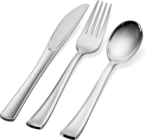 Miniatura 2 de Juego de cubiertos de plástico, juego de cubiertos plateados, juego de cubiertos resistentes, paquete de 160 unidades, 40 cuchillos, 80 tenedores