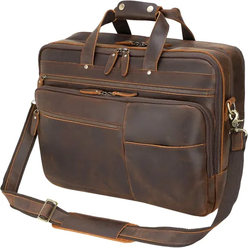 Maletín grande de cuero para hombres de 18 pulgadas de grano completo para laptop, bolsa de mensajero para portátil de 17.3 pulgadas, marrón oscuro