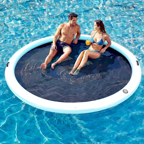 Miniatura 11 de 6-12FT Round Inflatable Floating Dock, Sunchill Float Ring, Water Hammock Tanning Pool Floats with Woven Fabric, Manual Pump for Quick Azul