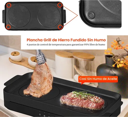 Miniatura 6 de COOKTRON Placa de inducción portátil de 2 quemadores con parrilla de hierro fundido removible antiadherente, placa de inducción doble de 1800W