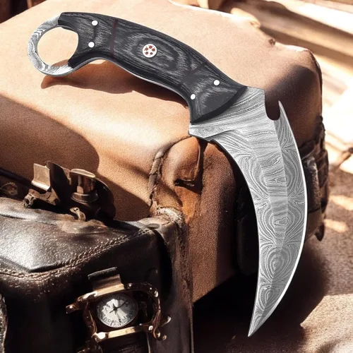 Miniatura 4 de Poshland Cuchillo Karambit de acero de Damasco hecho a mano de 9.5 pulgadas, hoja fija de espiga completa Cuchillo afilado para exteriores