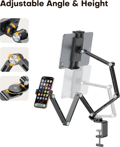 Miniatura 4 de OMOTON GH03 - Soporte para tablet con rotación de 360°, soporte de teléfono de brazo largo de aleación de aluminio GH03 con 2 abrazaderas de Negro
