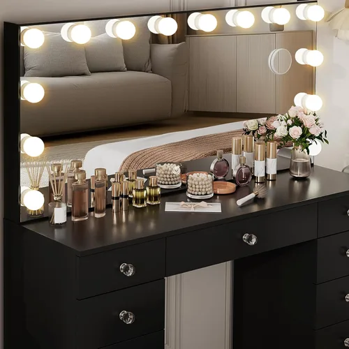 Miniatura 7 de VOWNER Tocador con espejo iluminado - Escritorio de maquillaje con luces y 11 cajones, 3 modos de iluminación de color con brillo ajustable