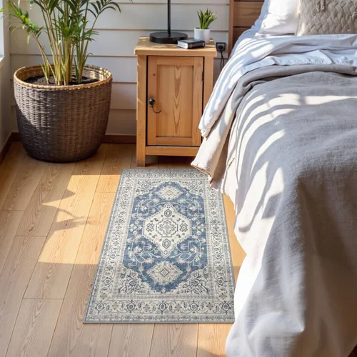 Miniatura 4 de Lahome Alfombra oriental lavable de área pequeña, 2 x 3 pies, para entrada, cocina, ultra fina, suave, tapete antideslizante para puerta de Azul