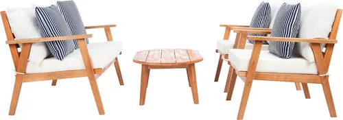 Miniatura 11 de SAFAVIEH Deacon - Juego de conversación de 4 piezas para exteriores, marrón y beige, madera maciza, diseño costero de listones con cojines, ideal