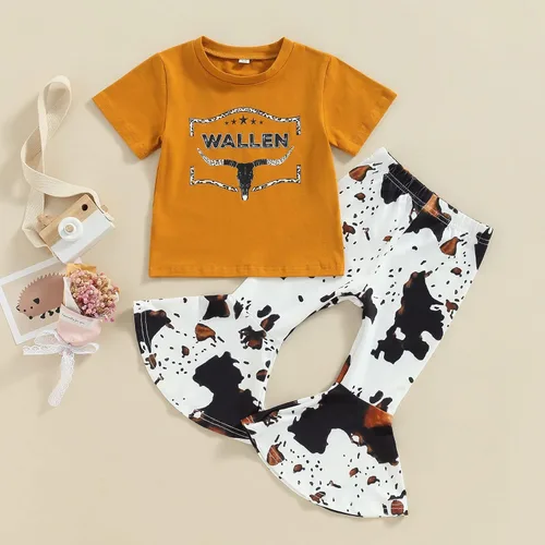Miniatura 86 de fhutpw Conjunto de camiseta de manga corta con estampado de vaca y pantalones acampanados de dibujos animados para niñas
