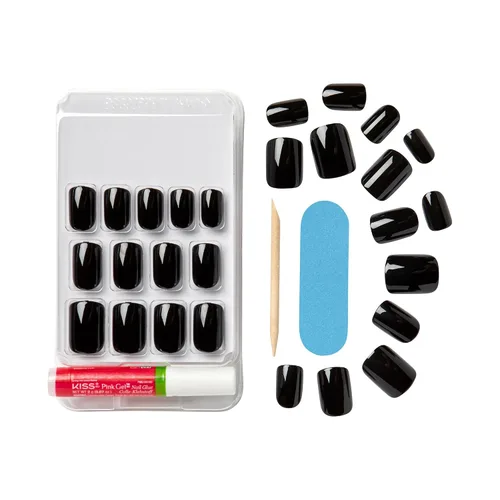 Miniatura 4 de KISS Gel Fantasy, uñas a presión, pegamento de uñas incluido, 'Aim High', negro, tamaño corto, forma cuadriculada, incluye 28 uñas, 0.07 onzas