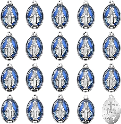 40 piezas ovaladas de aleación azul esmalte católica medalla milagrosa de la Virgen María colgante para bricolaje rosario collar pulsera mexicana