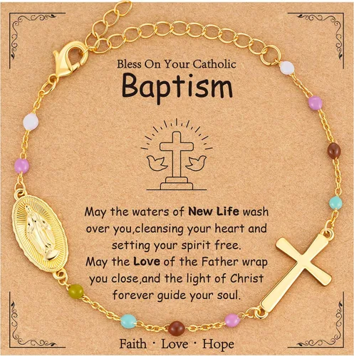 Miniatura 8 de Pulsera de cruz católica de la Virgen María para niñas y mujeres, pulsera de cuentas de rosario, primera comunión, confirmación, bautismo, madrina