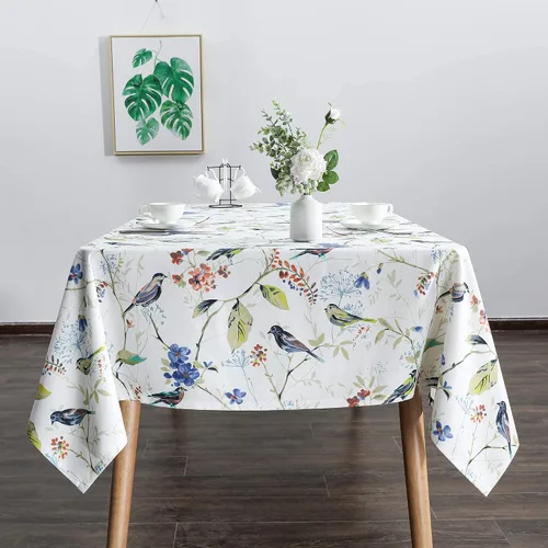 VOGOL Mantel rectangular de lino lavable, resistente a las manchas y a las arrugas, estampado floral y de pájaros, mesa decorativa para mesa de