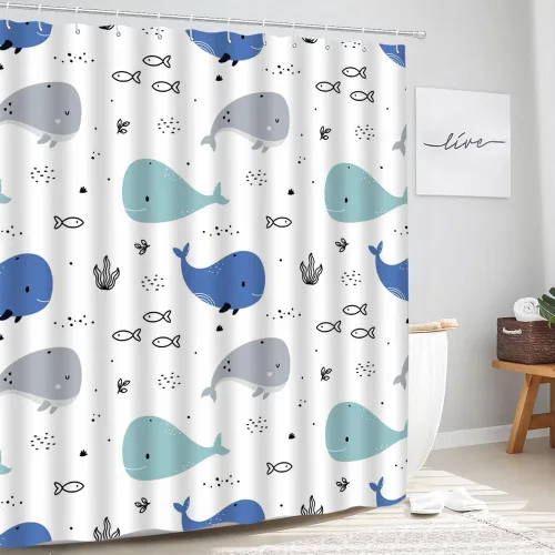 Miniatura 3 de Cortina de ducha de ballena de dibujos animados, lindo animal oceánico, azul y gris, diseño abstracto de peces náuticos, divertido para niños