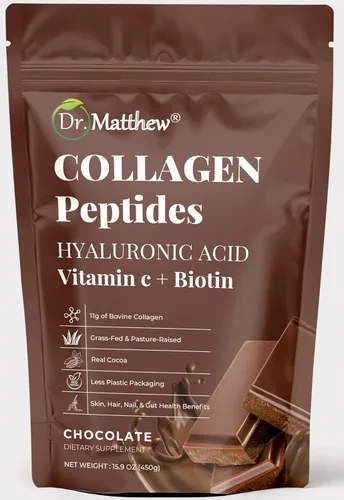 Colágeno en polvo de chocolate. Colágeno con ácido hialurónico y vitamina C. Péptidos de colágeno de chocolate en polvo. Colágeno con vitamina C y