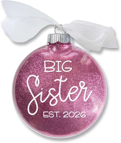 Adorno de Navidad para hermana mayor, recuerdo fechado para nuevo hermano, bola de purpurina rosa hecha a mano con lazo de cinta de organza blanca