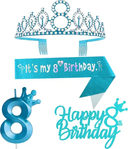 Miniatura 22 de Decoraciones de cumpleaños número 7 para niña, que incluyen corona/tiara de cumpleaños número 7, banda, adorno para pastel de cumpleaños y velas
