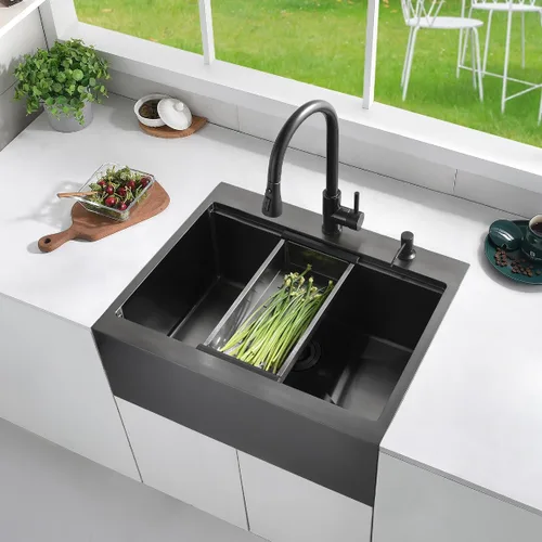 Miniatura 8 de Luckyhorse LH008SZ - Fregadero de cocina negro de 28 x 22 pulgadas con caída en la parte superior, estación de trabajo, fregadero de cocina