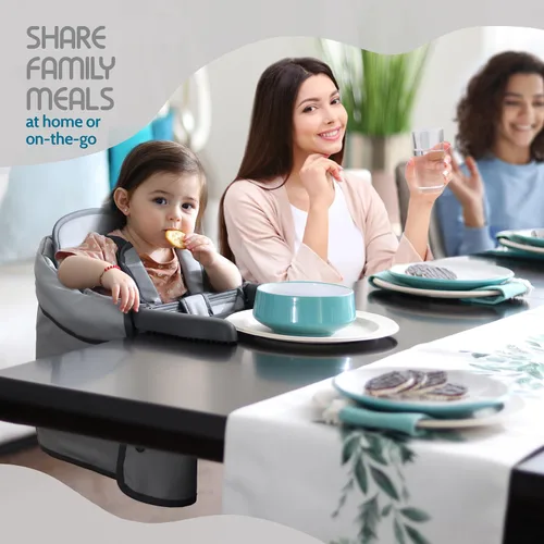 Miniatura 8 de Elegante silla alta de piel sintética con gancho para bebé, asiento de bebé portátil para comer, viajar y accesorio de mesa Gris