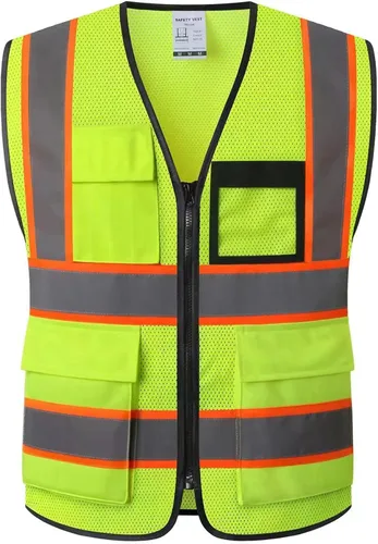 Miniatura 10 de Chaleco de seguridad para mujer, chaleco de alta visibilidad con 8 bolsillos y cremallera frontal, chaleco reflectante de malla que cumple