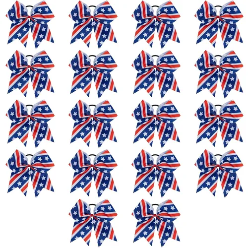 18 PCS 8" Large American Flag Cheer Hair Bows Ponytail Holder Elastic Band Handmade for Cheerleaders Teen Girls College Sports