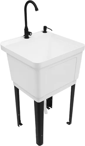 Fregadero utilitario blanco que ahorra espacio, fregadero de lavandería independiente con grifo, dispensador de jabón y kit de tubo de drenaje para