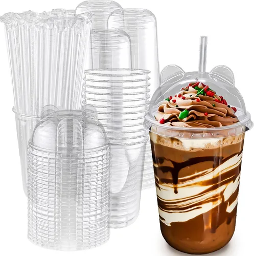 Miniatura 13 de Qsqwsuye Juego de 50 vasos desechables de plástico transparente de 12 onzas con tapas de cúpula y pajitas, vasos de plástico duraderos para fiestas