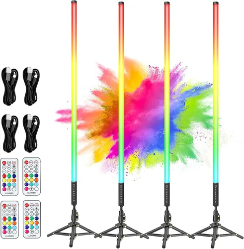 Paquete de 4 tubos de luz portátiles de 4 pies de 47.2 in de mano LED RGB con trípodes, 500 efectos vívidos para video y fotografía, pintura ligera,