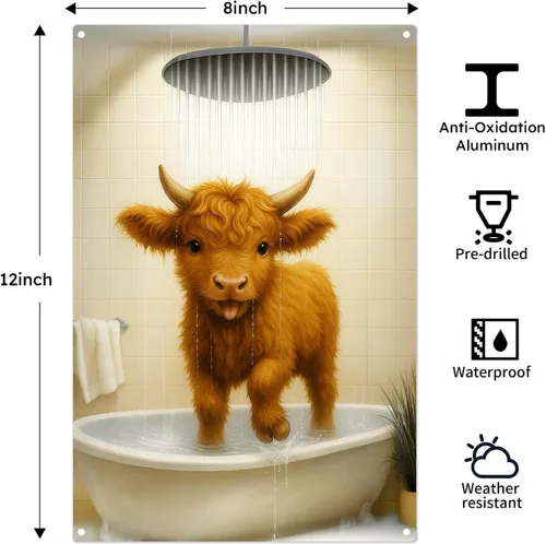 Miniatura 5 de Madewell Living Divertido letrero de metal de vaca de las montañas, arte de pared, decoración rústica de baño, fotos de vaca marrón para baño, baño