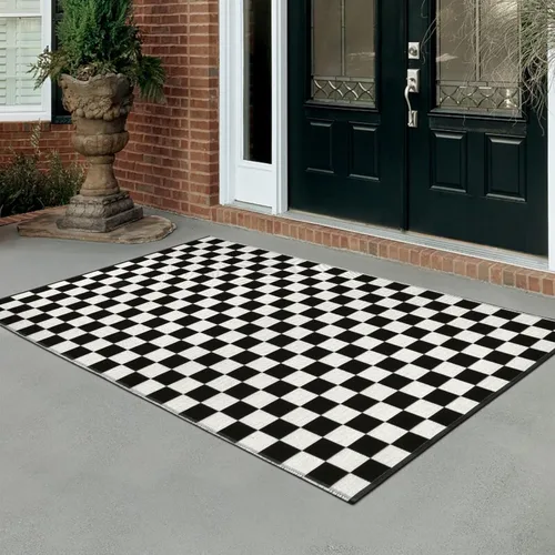 Miniatura 14 de Seavish Alfombra a Cuadros, 2x3 Pies, Alfombra Marroquí a Cuadros Negra y Blanca, Lavable, de Algodón Tejido, Alfombras Lavables para Exteriores