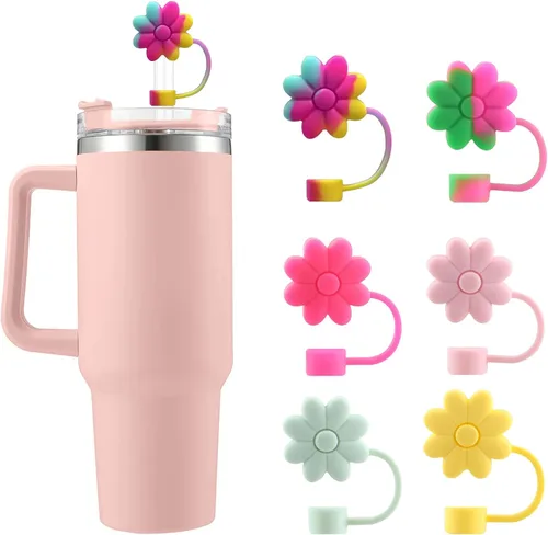 Miniatura 39 de 6 fundas de silicona para popotes Stanley Cups de 30 y 40 onzas, tapas de paja de flores a prueba de polvo, protectores reutilizables para popotes