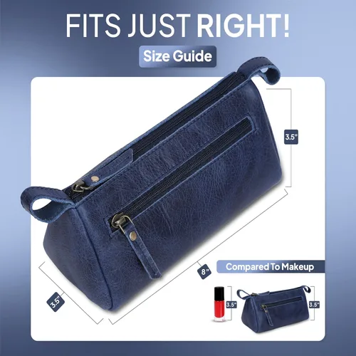 Miniatura 3 de Bolsa de maquillaje de cuero para mujer, bolsa de cosméticos de cuero genuino, bolsa de maquillaje hecha a mano con cremallera, bolsa de aseo Azul