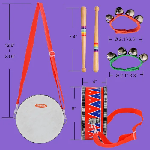 Miniatura 2 de CRAFTEEM Juego para niños pequeños – Juguete musical para bebé con campanas de muñeca, baquetas y divertido instrumento de batería para niños