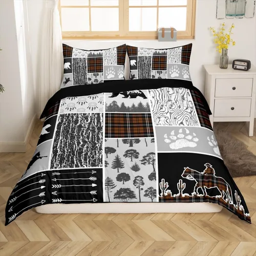 Miniatura 23 de Funda de edredón rústica tamaño Queen, juego de ropa de cama retro para cabaña de cabaña, oso de caza, ciervo, hojas de arce, funda de edredón