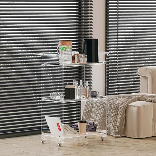 Miniatura 3 de Dethan Carrito de barra de acrílico – Carrito de servicio transparente de 3 niveles con ruedas bloqueables, moderno carrito de bar transparente