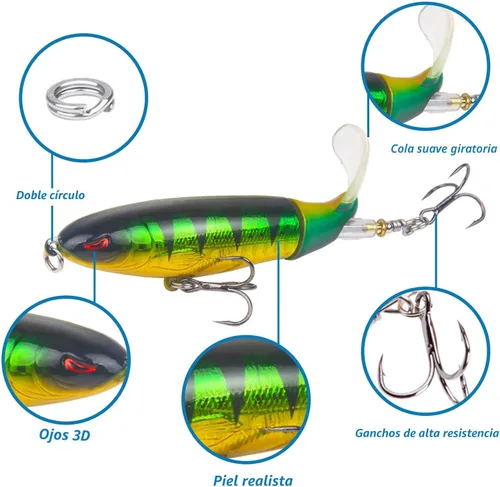 Miniatura 2 de 10Pcs Whopper Señuelo de pesca para lubina señuelos de popper de agua superficial con cola flotante giratoria, anzuelos de triple barba en kit
