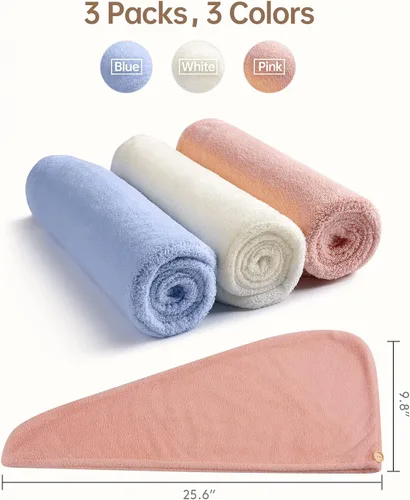 Miniatura 5 de YFONG Paquete de 3 toallas de microfibra para envolver el cabello para mujeres y niñas, toallas turbante súper absorbentes para secar el cabello