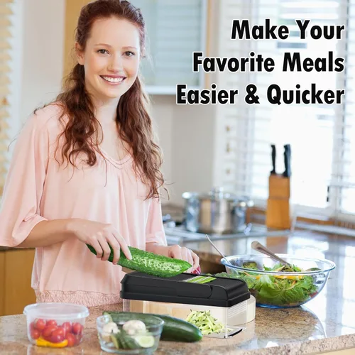 Miniatura 7 de SpaceHacks Picador de verduras 12 en 1, utensilios de cocina con 7 cuchillas, para verduras, alimentos, picador de cebolla, cortador de pepino, Verde