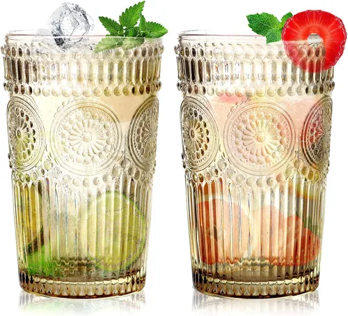 Miniatura 11 de Loivttvv Juego de 6 vasos de bebida vintage, vasos de Highball de 12 oz / 354.83 ml en ámbar, vasos de cristal acanalados con relieve para cóctel