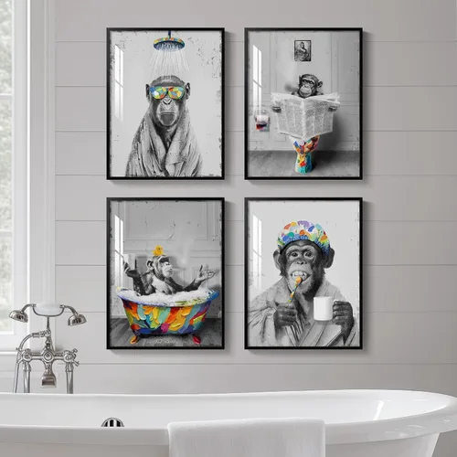 Miniatura 13 de Arte de pared divertido de vaca de las tierras altas enmarcado para baño, 4 piezas de divertidos animales, impresiones artísticas azul marino, linda