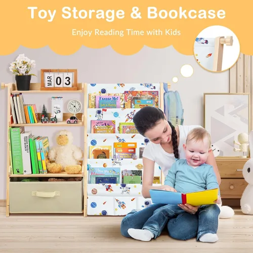 Miniatura 6 de decalsweet Estantería infantil y organizador de almacenamiento de juguetes de madera 2 en 1 para niños pequeños, estante de 4 niveles con caja