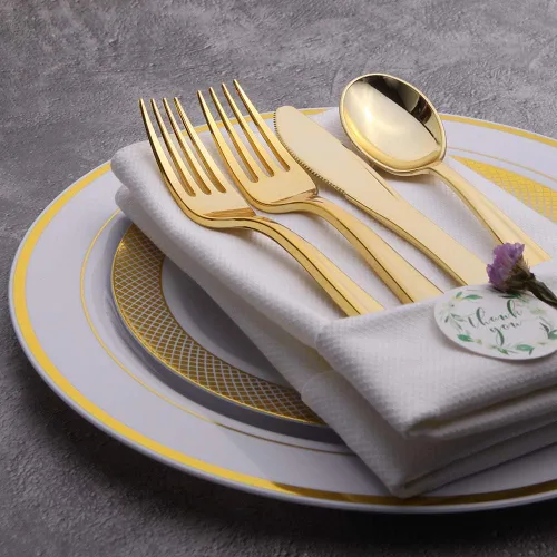 Miniatura 5 de Nervure Juego de cubiertos de plástico dorado de 300 piezas, cubiertos de plástico dorado pesado, utensilios desechables que incluyen 150 tenedores