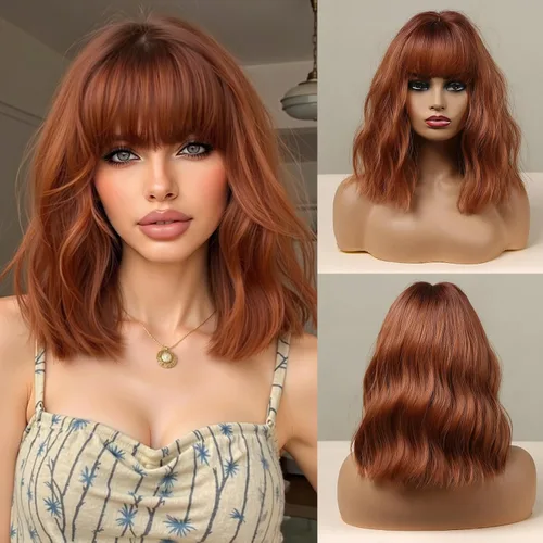 Esmee Peluca corta de color castaño rojizo de 14 pulgadas con flecos, para mujer, cabello sintético natural, peluca ombré con raíces oscuras,
