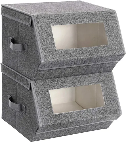 SONGMICS URPLB02G - Juego de 2 cubos de almacenamiento apilables, cajas de almacenamiento con tapas y ventanas delanteras, organizadores de armario