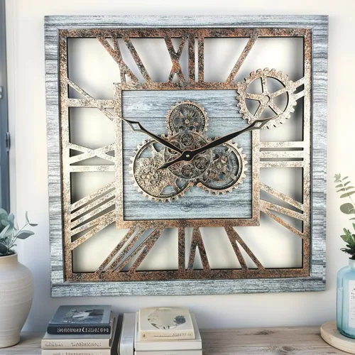 ImprovingLife The Gears Clock - Reloj de pared cuadrado con engranaje móvil real de 24 pulgadas, estilo vintage, industrial, de gran tamaño, Gris