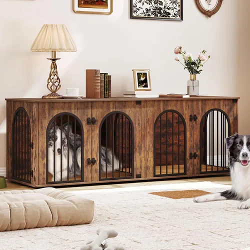 Miniatura 12 de Hzuaneri Mueble de jaula para perros de 88.4 pulgadas para 2 perros, soporte de TV para perreras de interior resistente, jaula de madera XXL