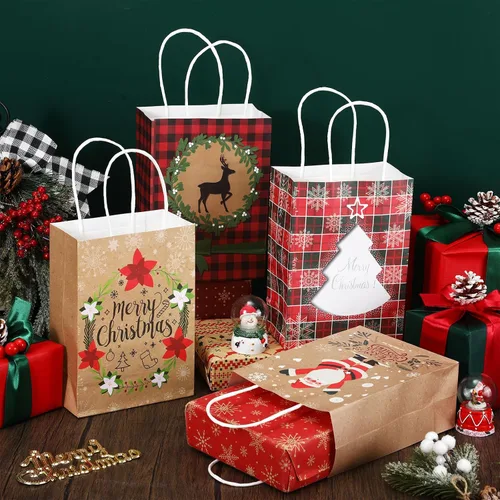 Miniatura 2 de Resholder 48 Piezas Bolsas de Papel Kraft de Regalo de Navidad a Granel con Asas Bolsas de Dulces Navideñas Reutilizables para Regalos Suministros